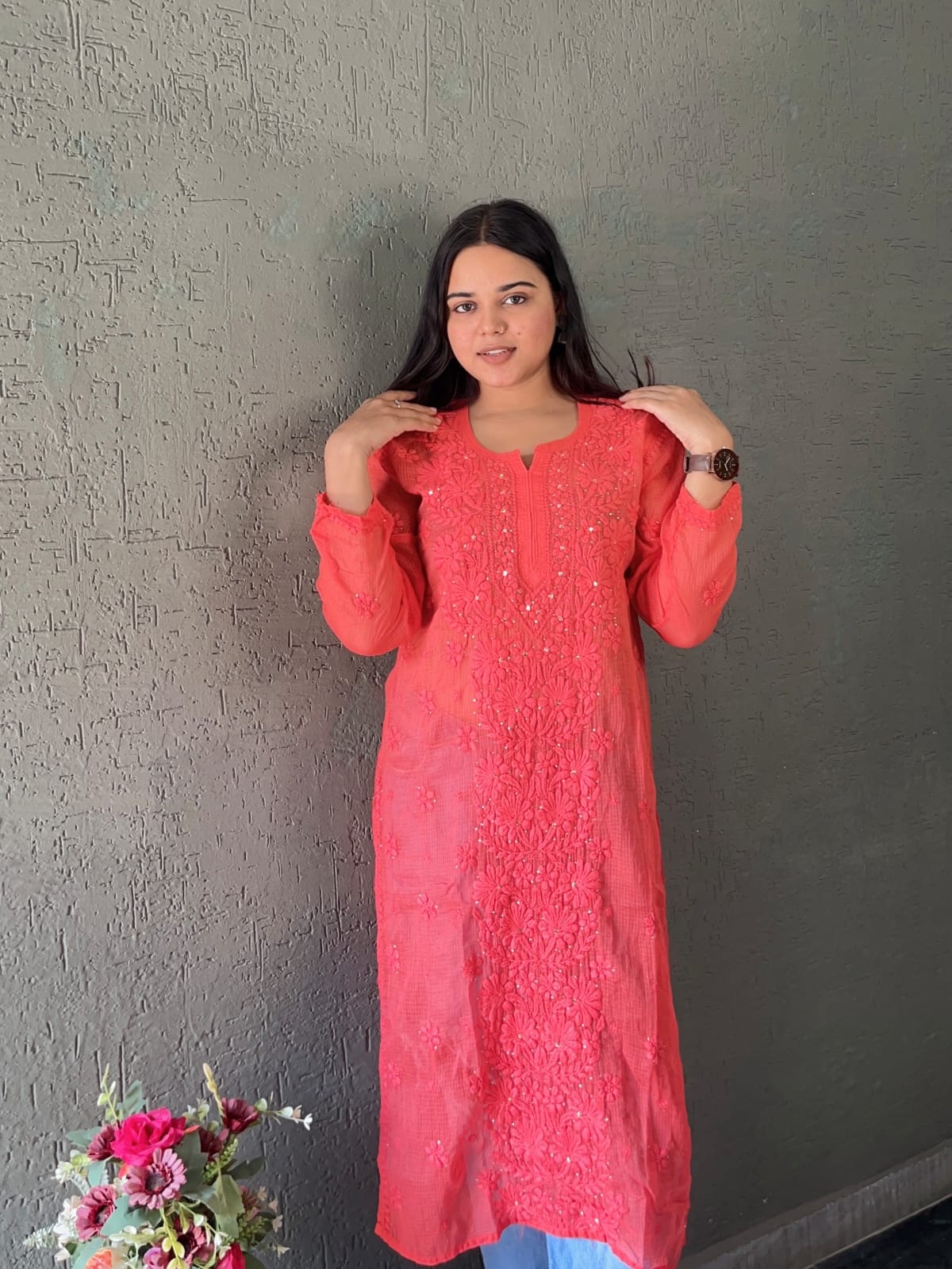 Kota Doria Designer Chikankari Kurti for Women