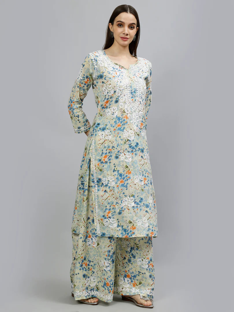Elegant Blue Chikankari Set with Ornate Embellished Design