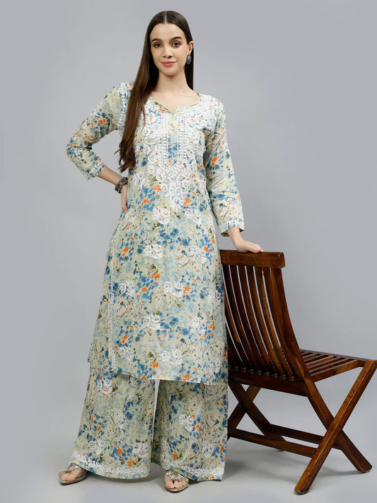 Elegant Blue Chikankari Set with Ornate Embellished Design