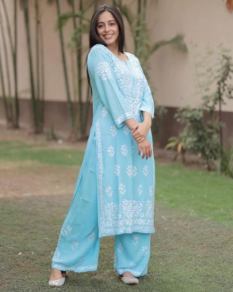 Elegant Rayon Chikankari Plazzo Set for Women – Handcrafted Embroidered Traditional Outfit
