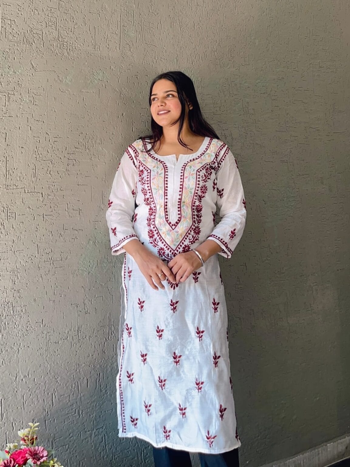 Resham Neckline Chanderi Lucknowi Chikankari Kurti