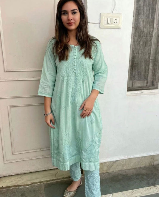 Cotton Chikankari Kurti/Pant Set Light Pastel & Dark Shades.