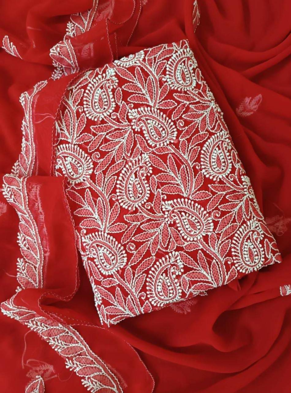 Lakhnavi Suit Chikankari Unstitched 3 piece Chiffon Fabric