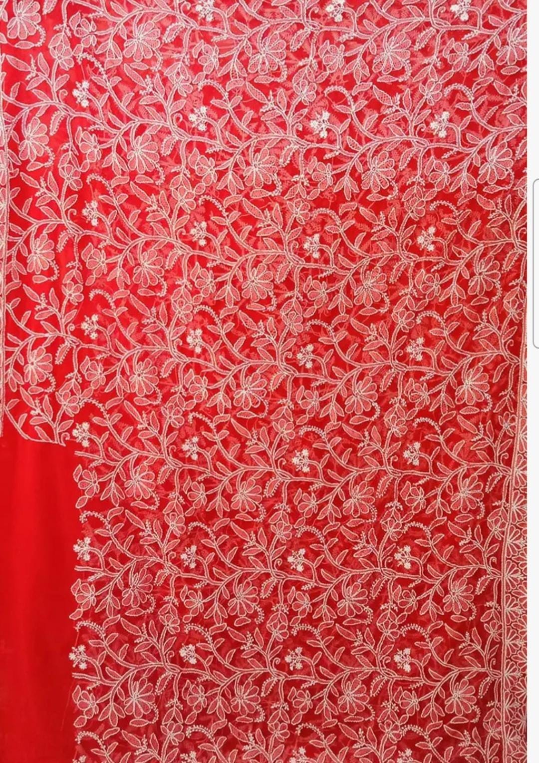 Radiant Scarlet Red Chikankari Saree with Lavish Threadwork Accents