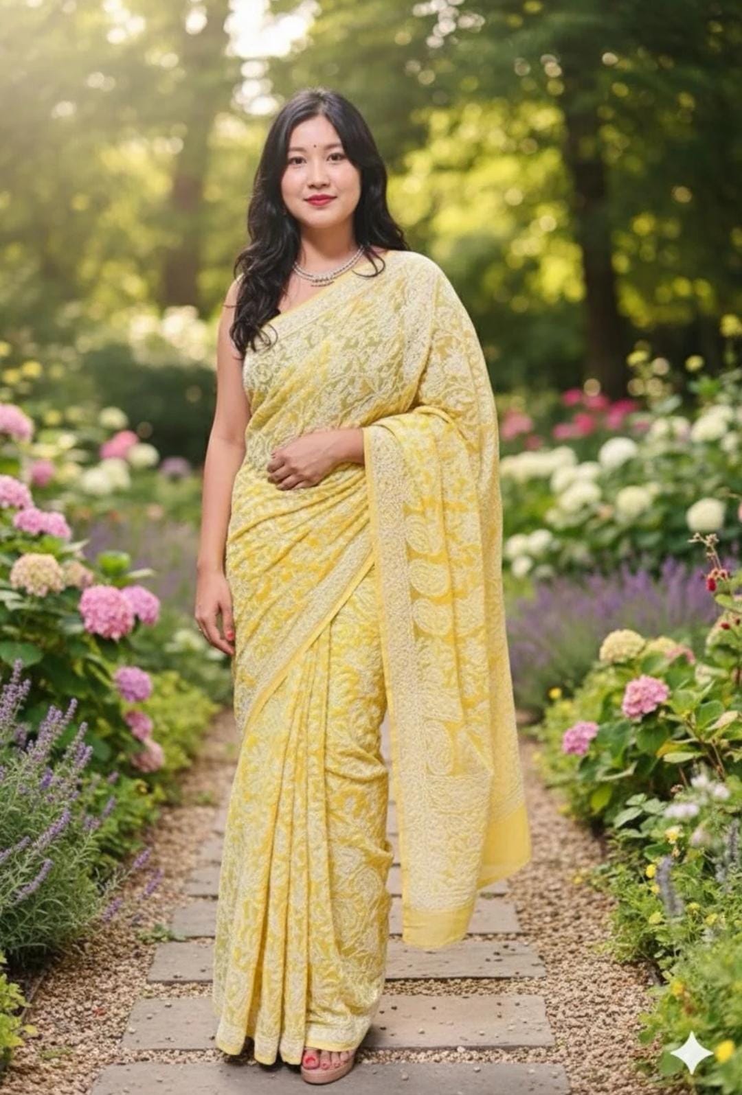 Bright Citrus Yellow Chikankari Saree Enhanced with Ornamental Stitch work