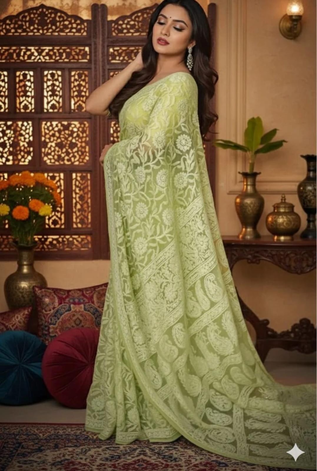 Graceful Olive-Toned Chikankari Saree Accented with Ornamental Needlework