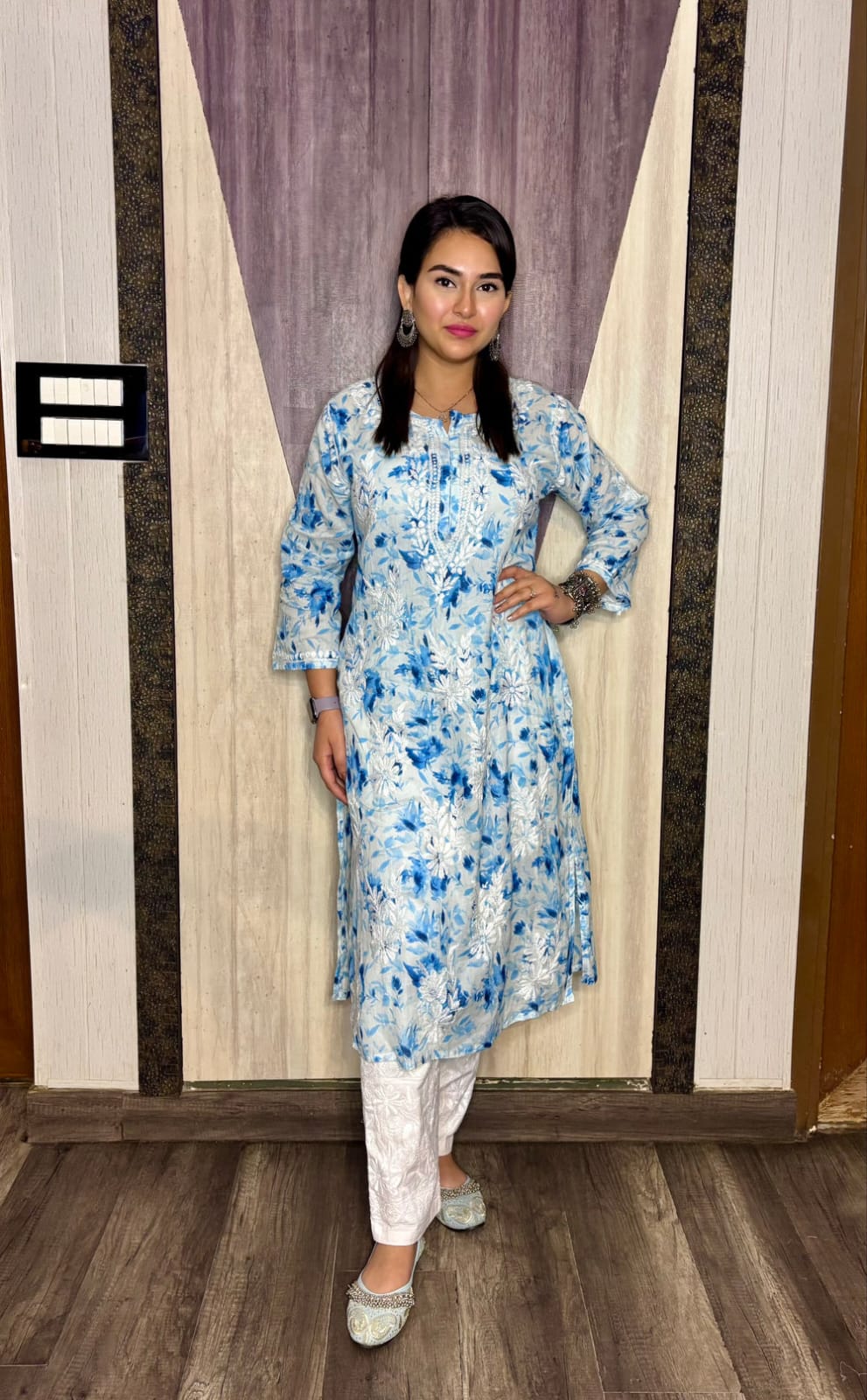 Floral Chikankari Kurti in Mulmul Cotton