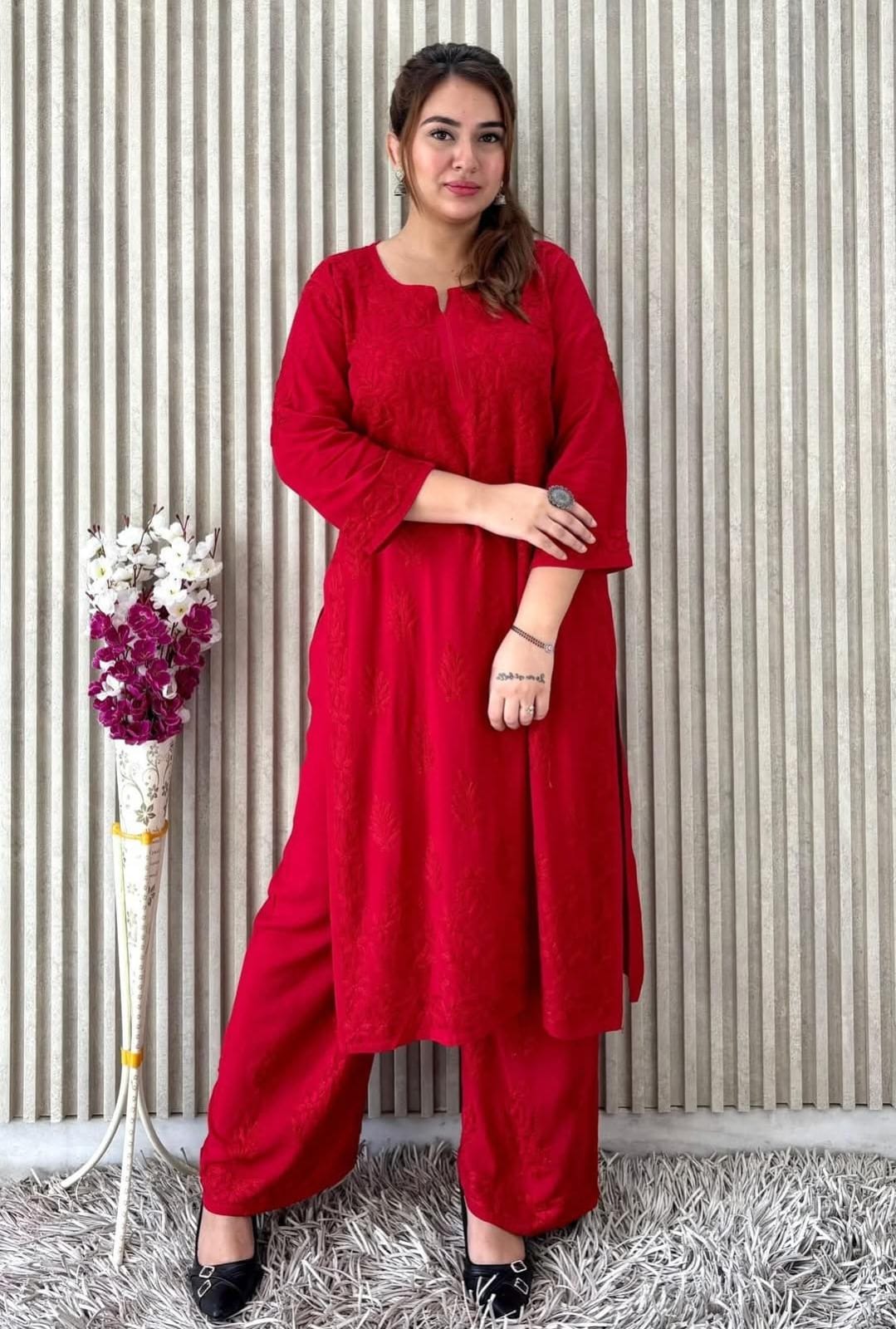 Crimson Legacy – Handcrafted Red Chikankari Set for Effortless Elegance