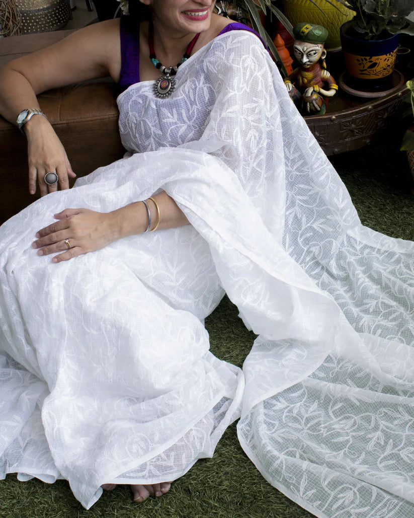 Buy Online Tepchi Chikankari White Saree