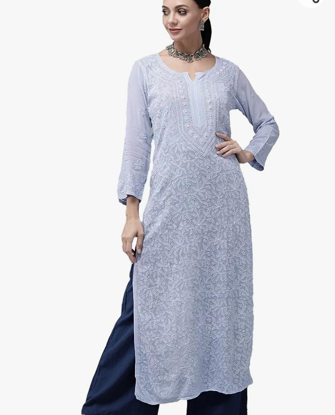 Viscose Georgette Chikankari Straight Lucknowi Kurti