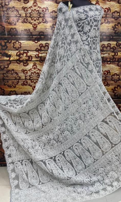 Chikankari Saree | Pure Chiffon Beautiful Motifs Full Jaal Chikankari Saree