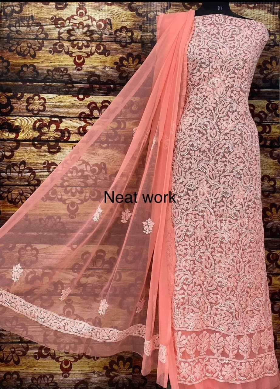 Buy Bright Colors Chikankari Suit Set Chiffon Fabric.