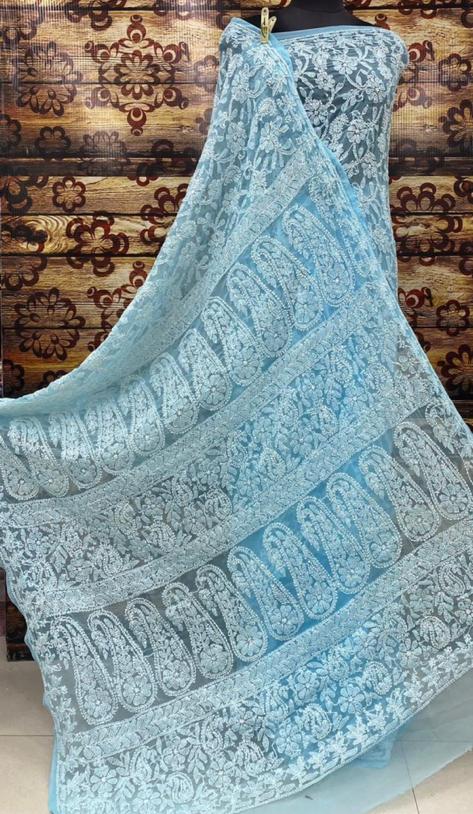 Chikankari Saree | Pure Chiffon Beautiful Motifs Full Jaal Chikankari Saree