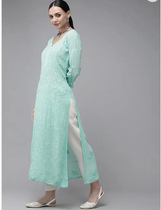 Viscose Georgette Chikankari Straight Lucknowi Kurti