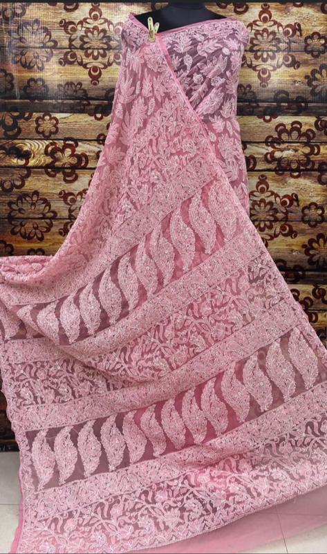 Chikankari Saree | Pure Chiffon Beautiful Motifs Full Jaal Chikankari Saree