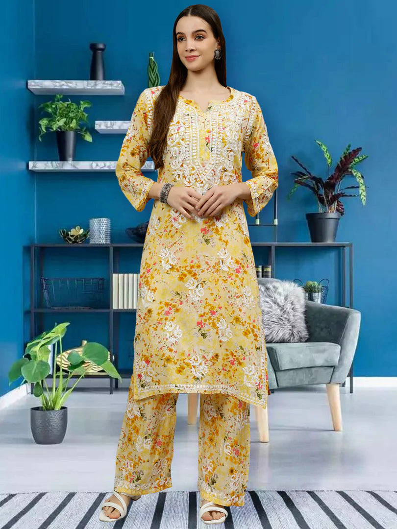 Sun-Kissed Outfit Featuring Detailed Threadwork on Soft Fabric Palazzo Set