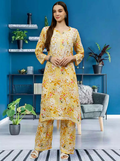 Sun-Kissed Outfit Featuring Detailed Threadwork on Soft Fabric Palazzo Set