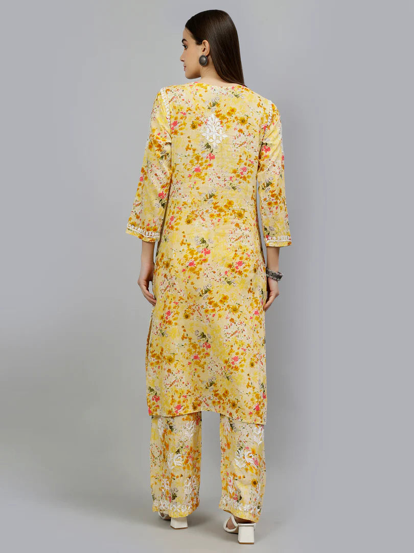 Sun-Kissed Outfit Featuring Detailed Threadwork on Soft Fabric Palazzo Set