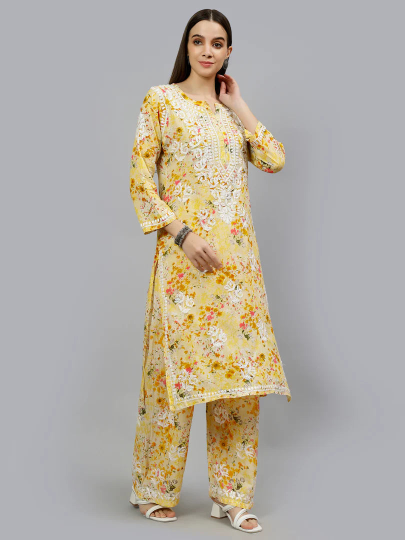 Sun-Kissed Outfit Featuring Detailed Threadwork on Soft Fabric Palazzo Set