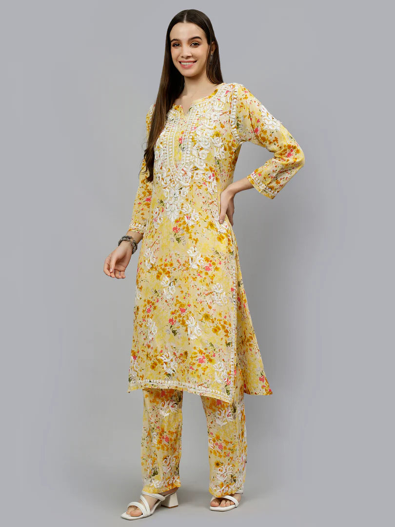Sun-Kissed Outfit Featuring Detailed Threadwork on Soft Fabric Palazzo Set