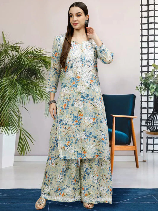 Elegant Blue Chikankari Set with Ornate Embellished Design