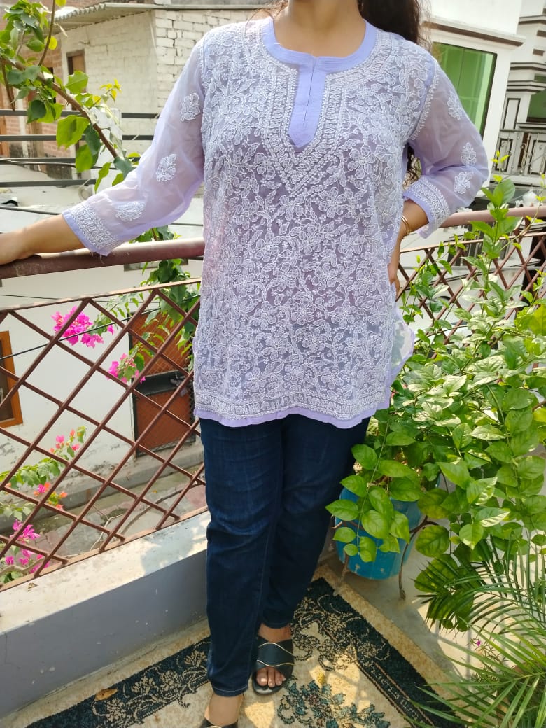 "Handmade Lucknowi Chikanari Kurti – Elegant Cotton Embroidery Top"