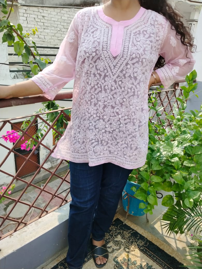 "Handmade Lucknowi Chikanari Kurti – Elegant Cotton Embroidery Top"