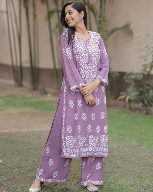 Elegant Rayon Chikankari Plazzo Set for Women – Handcrafted Embroidered Traditional Outfit