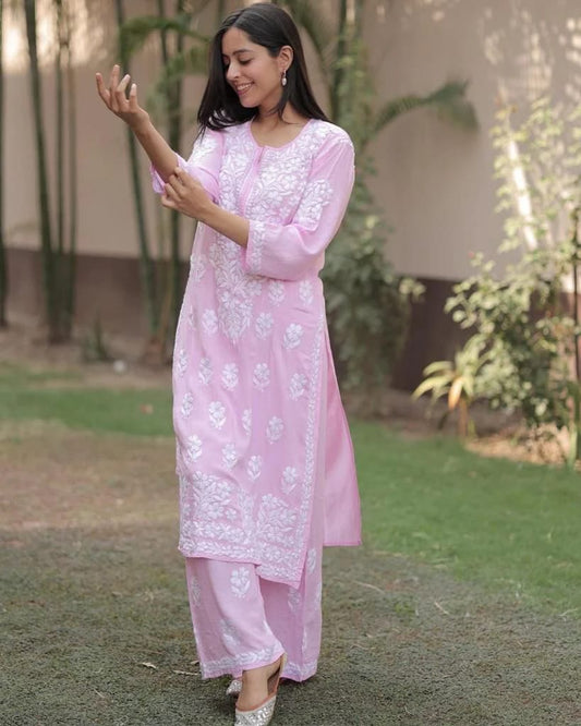 Elegant Rayon Chikankari Plazzo Set for Women – Handcrafted Embroidered Traditional Outfit