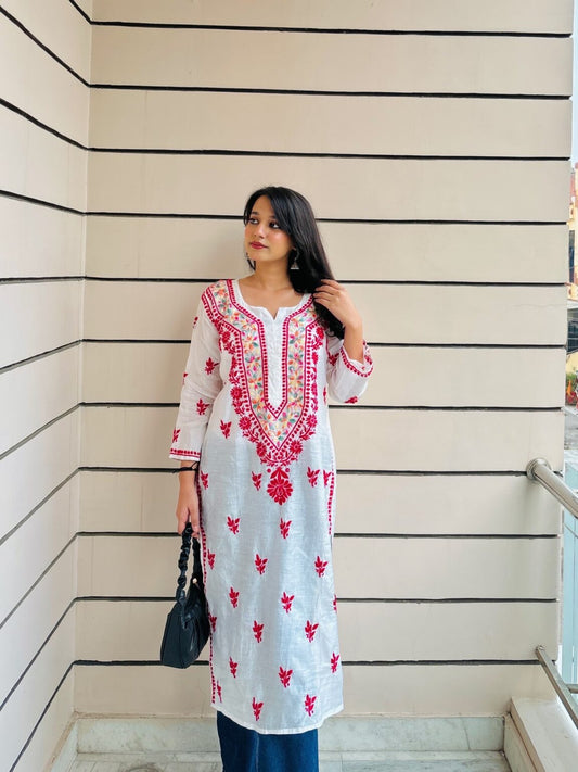 Resham Neckline Chanderi Lucknowi Chikankari Kurti