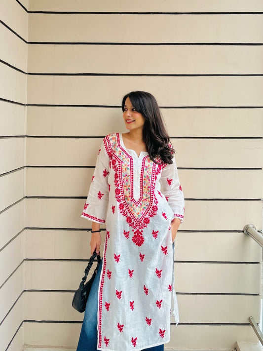 Resham Neckline Chanderi Lucknowi Chikankari Kurti