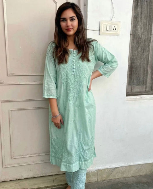 Cotton Chikankari Kurti/Pant Set Light Pastel & Dark Shades.
