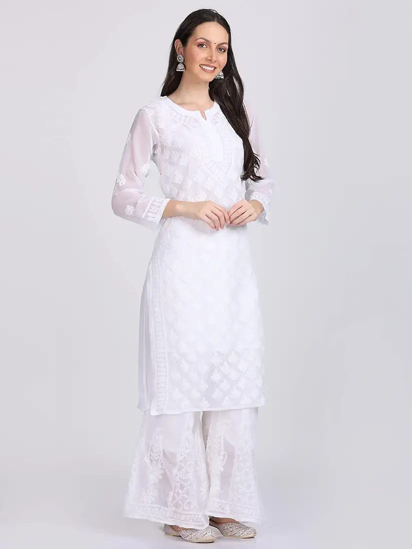 Beautiful Lucknowi Fashion Georgette Chikankari Fancy Dual Shade Sharara Set With Kurta/ Dupatta/ Sharara