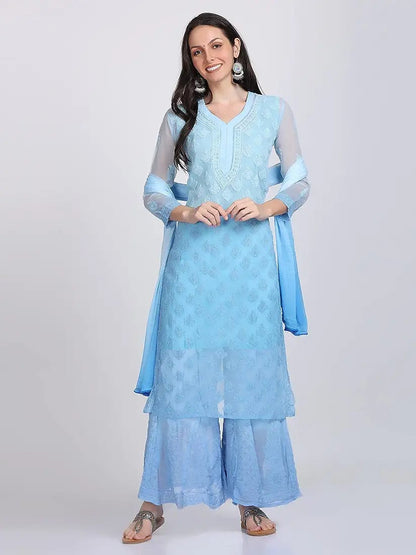 Beautiful Lucknowi Fashion Georgette Chikankari Fancy Dual Shade Sharara Set With Kurta/ Dupatta/ Sharara