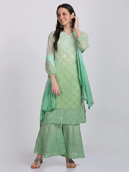 Beautiful Lucknowi Fashion Georgette Chikankari Fancy Dual Shade Sharara Set With Kurta/ Dupatta/ Sharara