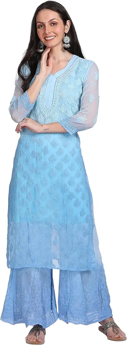 Beautiful Lucknowi Fashion Georgette Chikankari Fancy Dual Shade Sharara Set With Kurta/ Dupatta/ Sharara