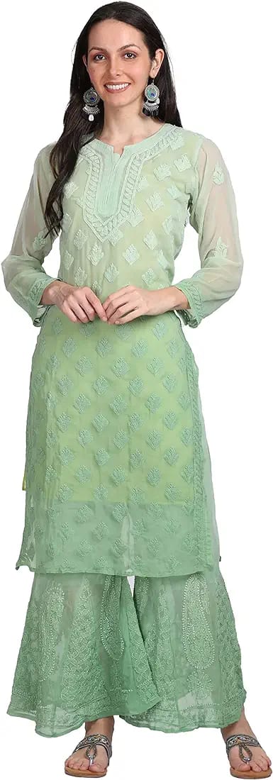 Beautiful Lucknowi Fashion Georgette Chikankari Fancy Dual Shade Sharara Set With Kurta/ Dupatta/ Sharara