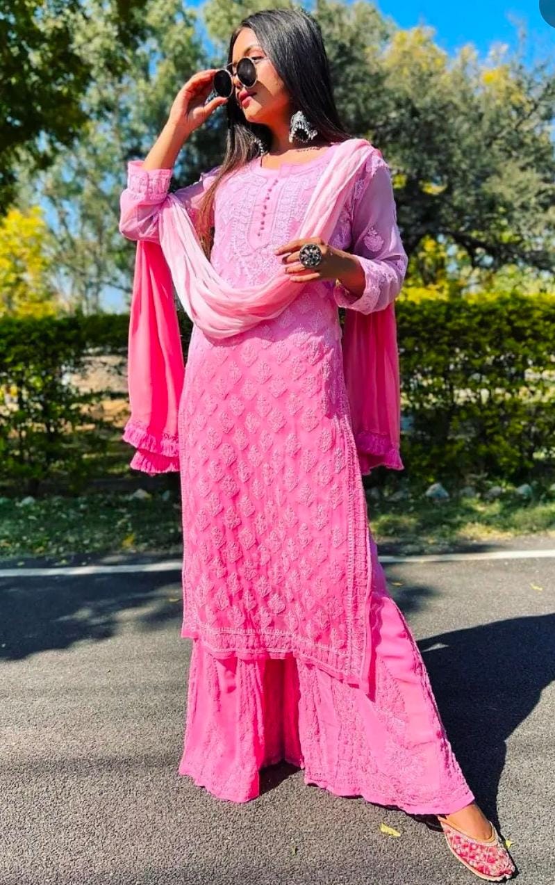 Beautiful Lucknowi Fashion Georgette Chikankari Fancy Dual Shade Sharara Set With Kurta/ Dupatta/ Sharara