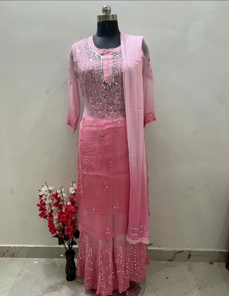 Beautiful Mirror gala booti Chikankari set