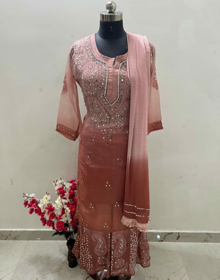 Beautiful Mirror gala booti Chikankari set