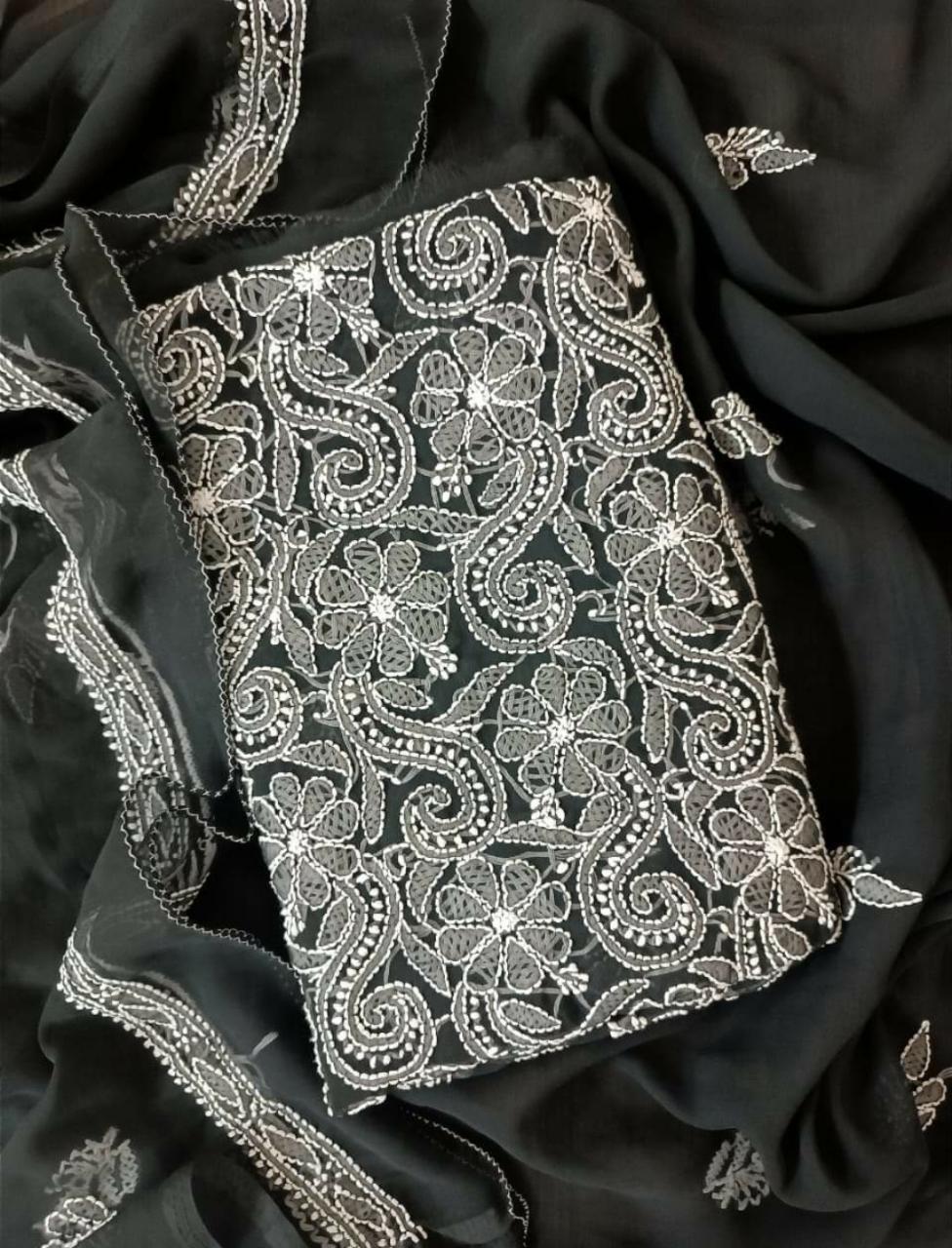 Lakhnavi Suit Chikankari Unstitched 3 piece Chiffon Fabric