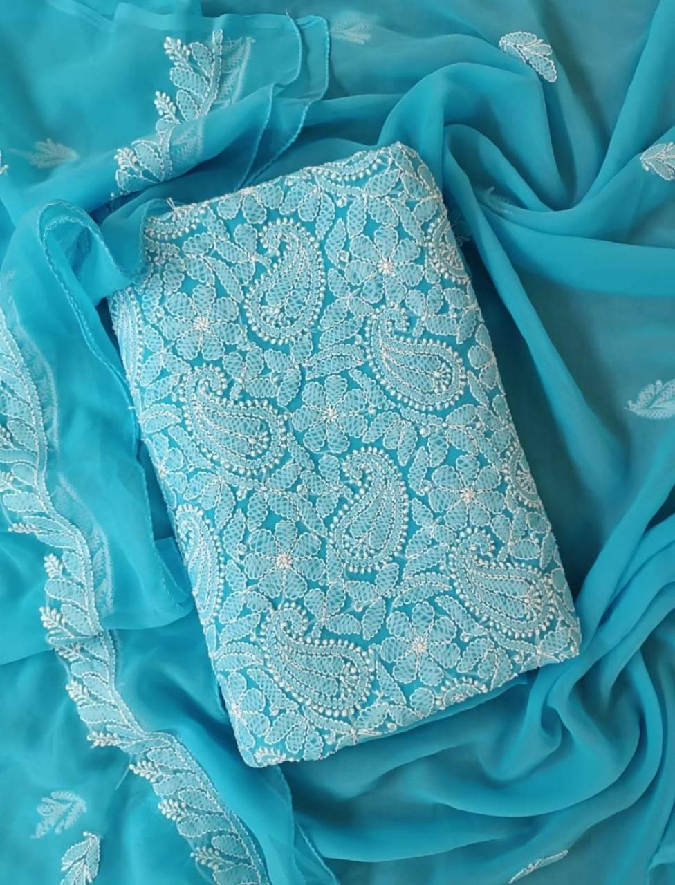 Lakhnavi Suit Chikankari Unstitched 3 piece Chiffon Fabric