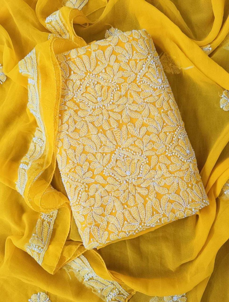 Lakhnavi Suit Chikankari Unstitched 3 piece Chiffon Fabric