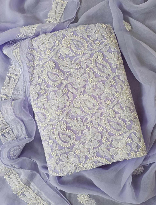 Lakhnavi Suit Chikankari Unstitched 3 piece Chiffon Fabric
