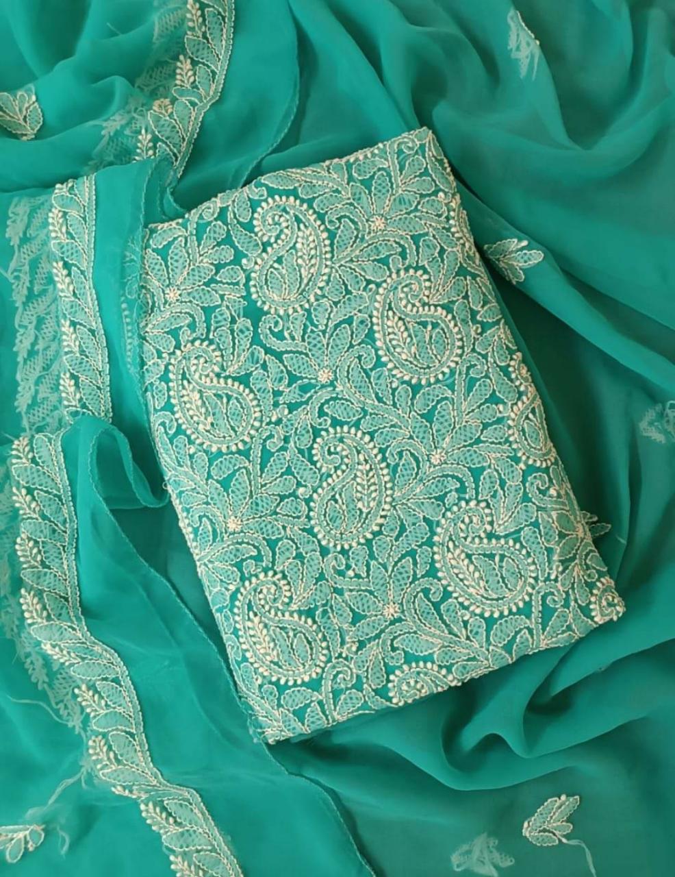 Lakhnavi Suit Chikankari Unstitched 3 piece Chiffon Fabric