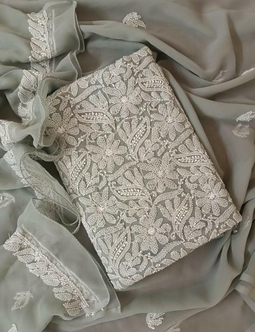 Lakhnavi Suit Chikankari Unstitched 3 piece Chiffon Fabric
