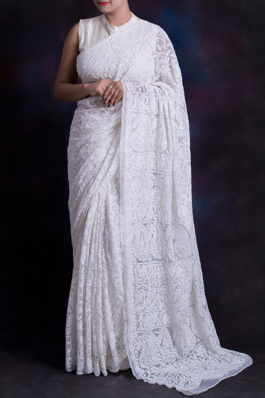 Exceptional White Chikankari Saree beautiful Heavy Palla.