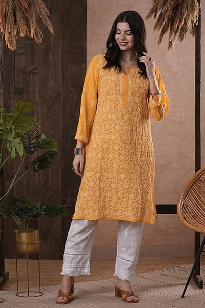 Burnt Orange Chikankari Kurti for Women – Straight Fit, 3/4 Sleeve