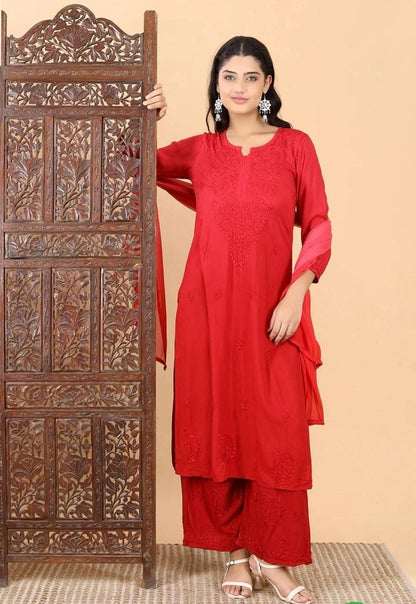 Fiery Threads of Tradition – Red Chikankari Set Woven to Dazzle