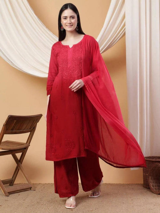 Fiery Threads of Tradition – Red Chikankari Set Woven to Dazzle
